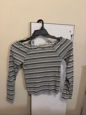 Justice Black & White Striped Off-Shoulder Long Sleeve Top